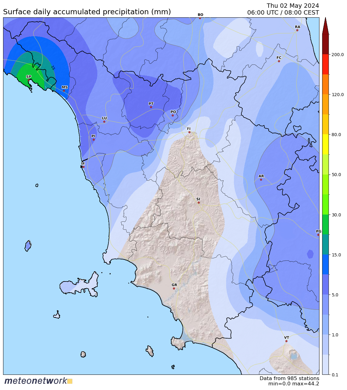 Mappa accumulo precipitazioni Toscana
